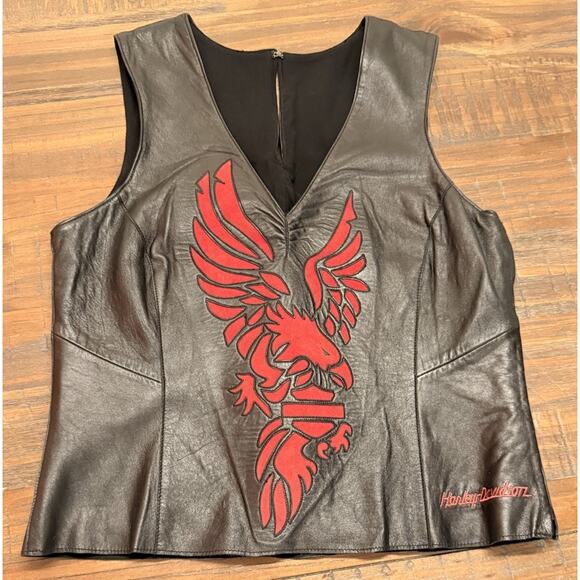 Harley-Davidson Women’s Leather Eagle Appliqué Top Black Red Size M 2002 - Picture 2 of 10